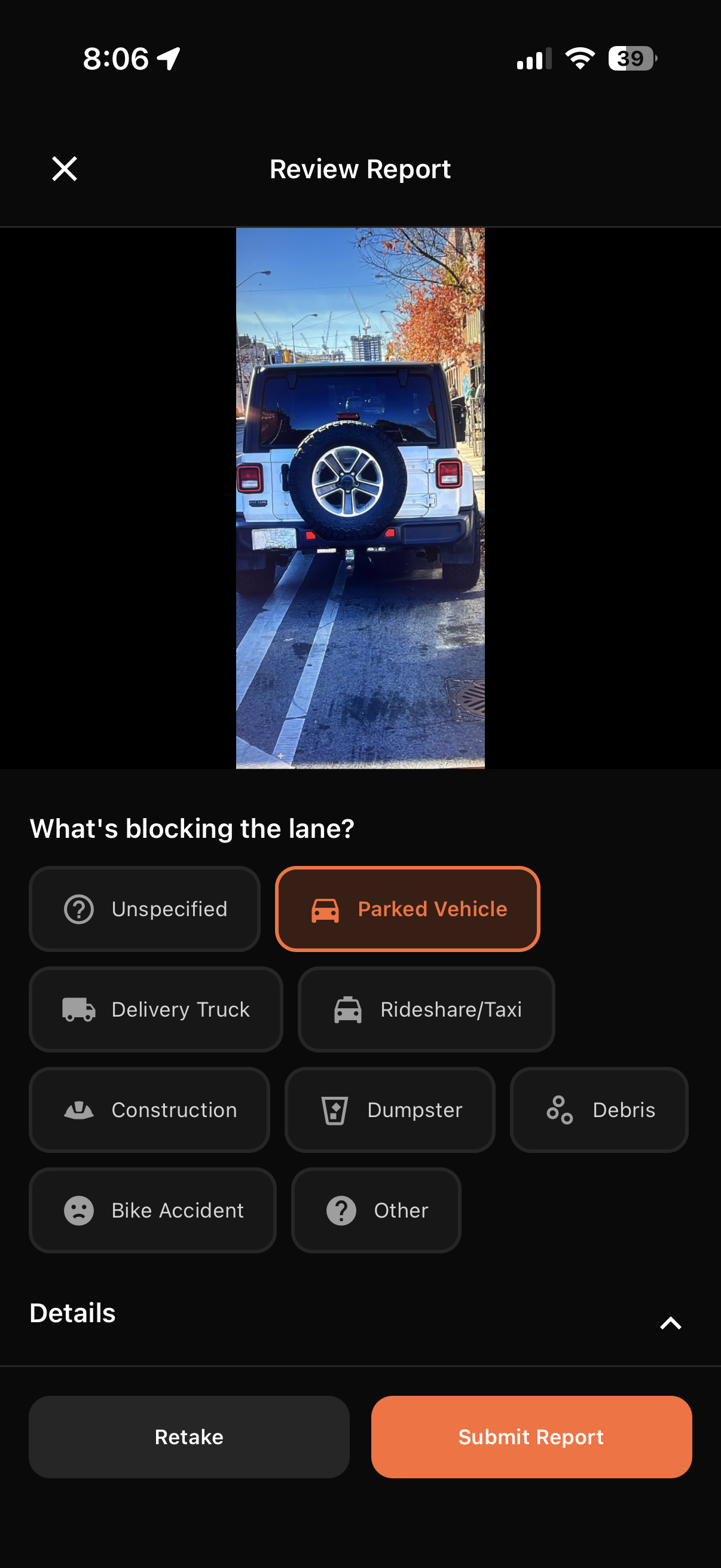 BikeEye app Review Report screen with obstruction type selection